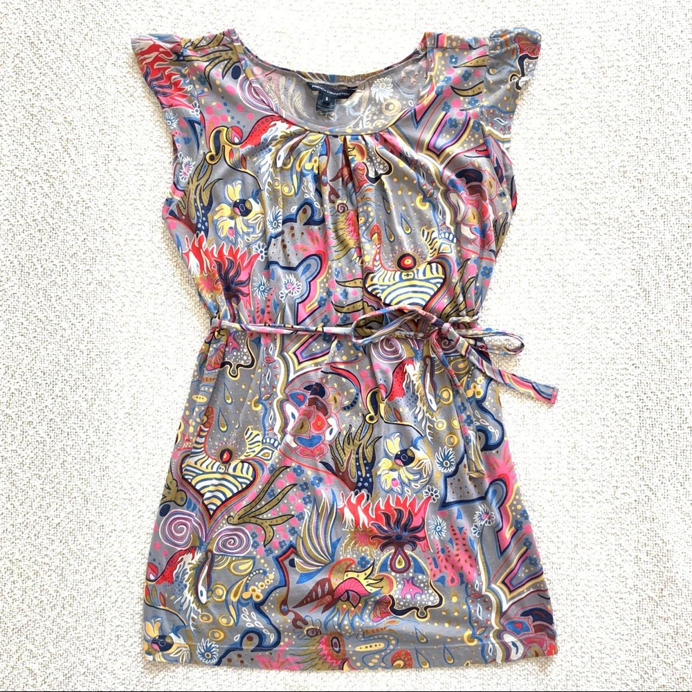 French Connection mini dress—gray with colorful abstract print—size 6